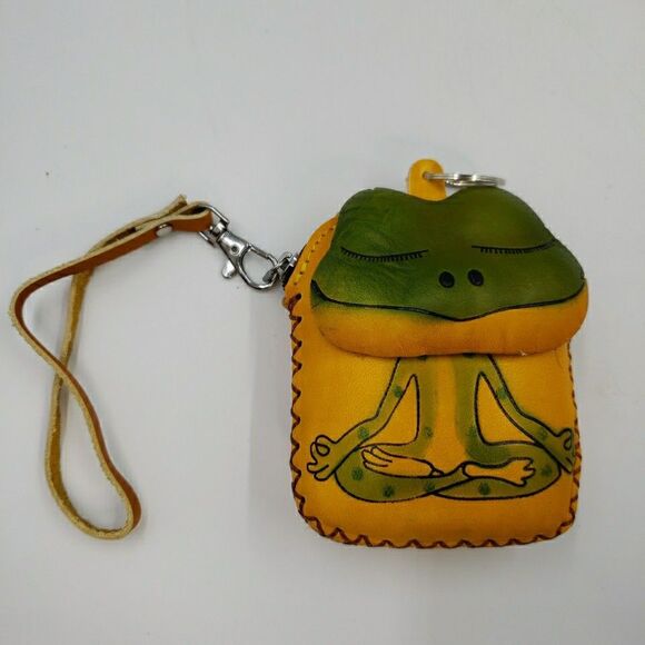 Zen Frog Keychain Wristlet Gift Handmade Leather Wallet Tooled Coin Purse Yoga - Picture 15 of 15